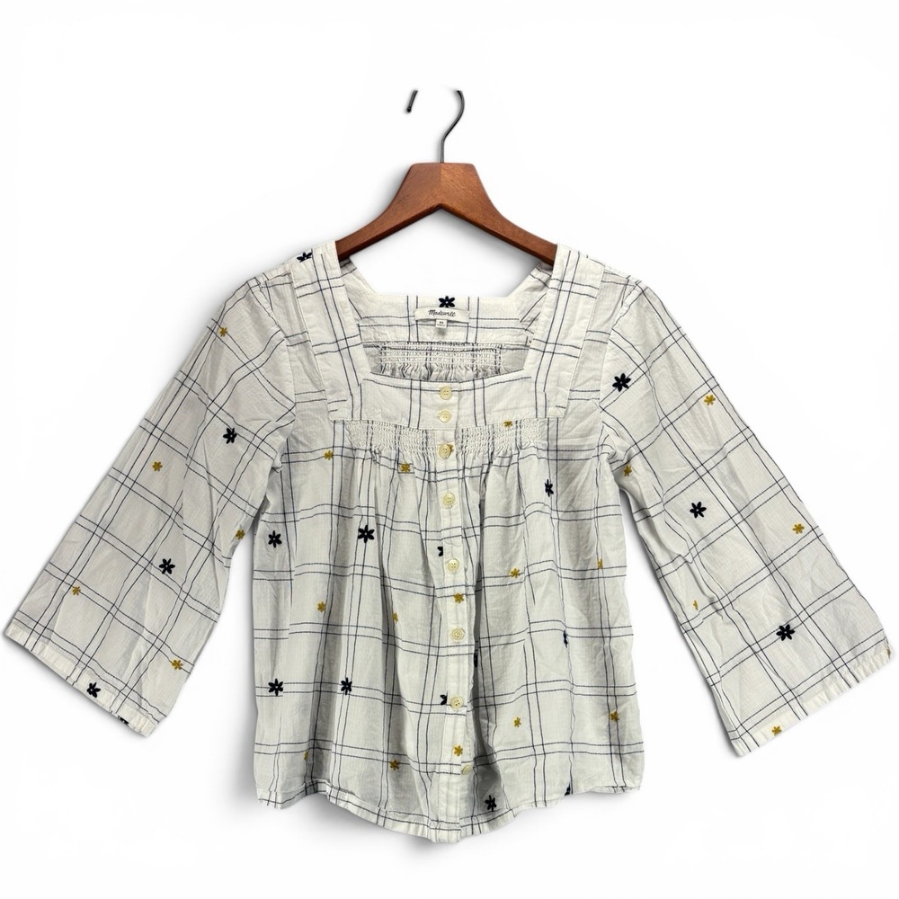 Madewell XS Windowpane Floral Embroidered Cotton Square Neck Boho Coastal Button